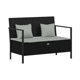 VidaXL Gartenbank, Sitzbank 2-Sitzer Mit Kissen, Parkbank Mit Stauraum Stahlrahmen, Bank Mit Armlehnen Rückenlehne, Schwarz Poly Rattan