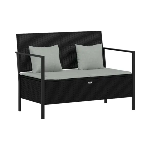 VidaXL Gartenbank, Sitzbank 2-Sitzer Mit Kissen, Parkbank Mit Stauraum Stahlrahmen, Bank Mit Armlehnen Rückenlehne, Schwarz Poly Rattan thumbnail