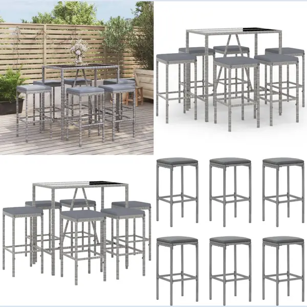 VidaXL 7-tlg. Gartenbar-Set Mit Kissen Grau Poly Rattan thumbnail