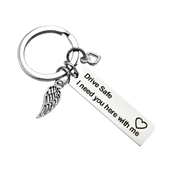 Fako Bijoux - Sleutelhanger Drive Safe, I Need You Here With Me - Vleugel & Hart - Sleutelring Tekst - Cadeau - Geschenk - Zilverkleurig thumbnail