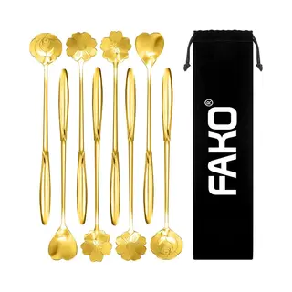 Fako Bijoux® - 8 Lange Lepels Bloem Motief - Latte Macchiato - Longdrink - Cocktail - Dessert - IJs - Koffie - Goud - 8 Stuks - Bewaarzakje