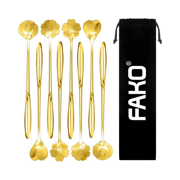 Fako Bijoux® - 8 Lange Lepels Bloem Motief - Latte Macchiato - Longdrink - Cocktail - Dessert - IJs - Koffie - Goud - 8 Stuks - Bewaarzakje thumbnail