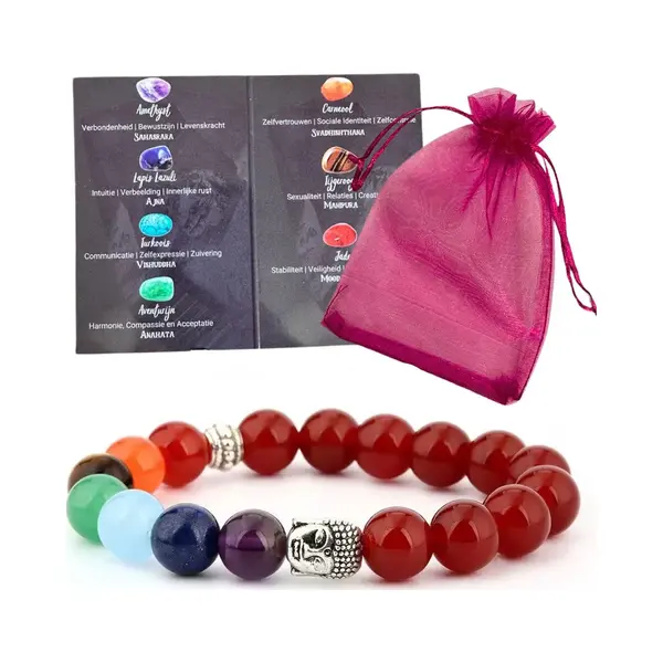 Winkrs Armbandje Met Rode Agaat Stenen, Boeddha En Chakra Edelstenen - 19CM - Dames Armband Met Stretch thumbnail