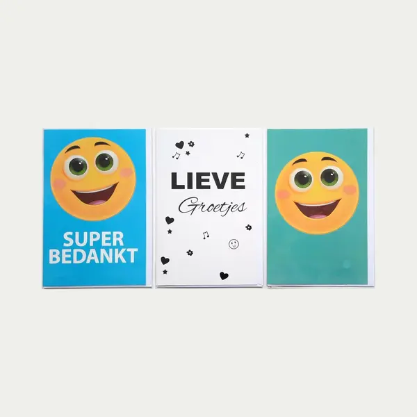 Black Acres Cards 3 Wenskaarten - Super Bedankt + Lieve Groetjes + Blanco Kaart Smiley - 12 X 17 Cm – Bed-302 thumbnail
