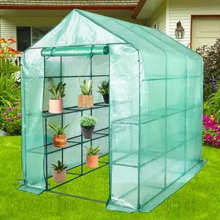 Lendo Online Tuinkas Met 3 Etages En Pe Waterdichte Hoes 143x213x196cm Staal Groen - Broeikas Met Stalen Plantenhouders- Kas - Serre - Kweekkas -