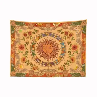Ulticool - Zon Mandala Bloemen Maan Natuur Retro Wandtapijt 200 X 150 Cm Grote Poster Oker Geel Oranje Groen