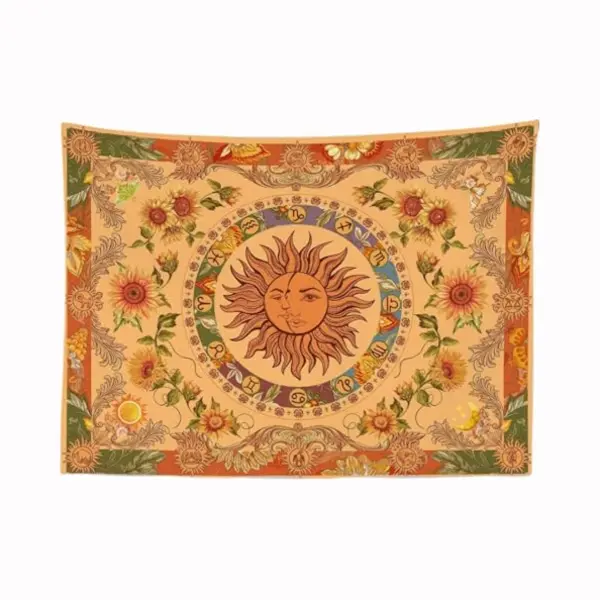 Ulticool - Zon Mandala Bloemen Maan Natuur Retro Wandtapijt 200 X 150 Cm Grote Poster Oker Geel Oranje Groen thumbnail