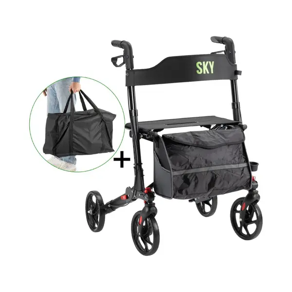 Sky Rollator Sky - Lichtgewicht Rollator Met Transporttas - Zwart - Dubbel Opvouwbaar - Met Stokhouder, Tas En Rugband thumbnail