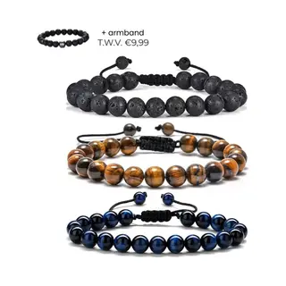 Aboss Trio Dark - Kralen Armband Heren 3 + 1 Stuks - Armband Mannen Natuursteen - Zwart Matte - Mannen Cadeautjes - Bracelet