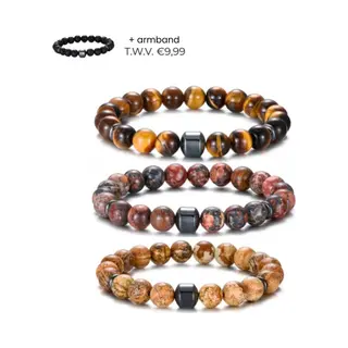 Aboss Trio Tigerskin - Kralen Armband Heren 3 + 1 Stuks - Armband Mannen Natuursteen - Bruin, Beige - Mannen Cadeautjes - Bracelet