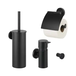 Saqu Nemo 4-delige Badkamer Accessoires - Mat Zwart - Wc Borstel, Toiletrolhouder, Zeepdispenser En Handdoekhaak