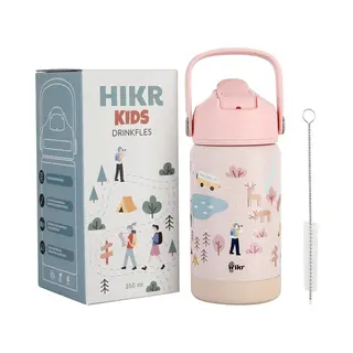 Hikr Rvs Drinkfles - Schoolbeker Meisje 350ml - Lekvrij Met Rietje - Roze