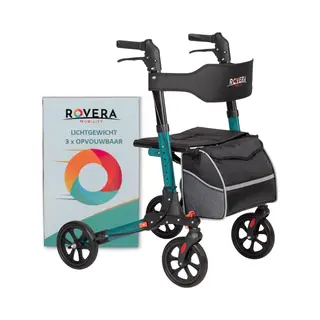 Rovera Mobility® Rollator Easy (3x) Dubbel Opvouwbaar – Lichtgewicht & 3x Opvouwbaar – Met Luxe Rollatortas, Brede Rugsteun & Comfortabele