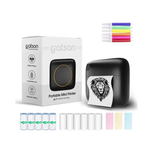 Gatson Mini Printer - Pocket Printer - Draadloos Met 14 Rollen Papier En 5 Kleurpennen thumbnail