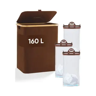 Dari. - Wasmand 3 Vakken - Wassorteerder - 160L - Met 3 Uitneembare Zakken - Wasmand - Bruin - Knopen