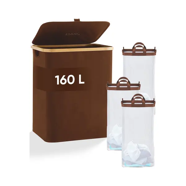 Dari. - Wasmand 3 Vakken - Wassorteerder - 160L - Met 3 Uitneembare Zakken - Wasmand - Bruin - Knopen thumbnail