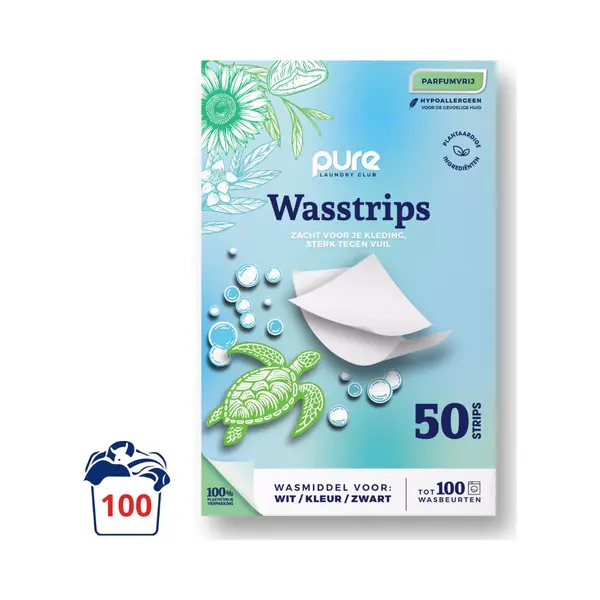 Pure Laundry Club Parfumvrije Wasstrips - 100 Wasbeurten - Hypoallergeen & Sensitive Wasmiddel Zonder Parfum - Voor Gevoelige Huid, Allergieën & thumbnail