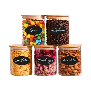 Five Stars® Voorraadpotten - Glas Met Deksel - 750 Ml - 5 Delige Set - Bpa Vrij - Met Pen & Herschrijfbare Stickers - Snoeppot