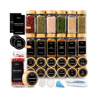 Five Stars® 24-delige Glazen Kruidenpotjes Vierkant Met Bamboe Deksel – 2 Soorten Strooideksels – Kruidenstrooier – Spice Jars – Complete Set