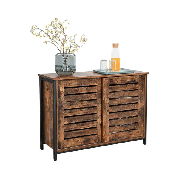 Mazazu Industrieel Dressoir – Kast Met Schuifdeuren 100x35x70 Cm – Hout & Staal – Bruin/Zwart – Opbergkast Woonkamer thumbnail