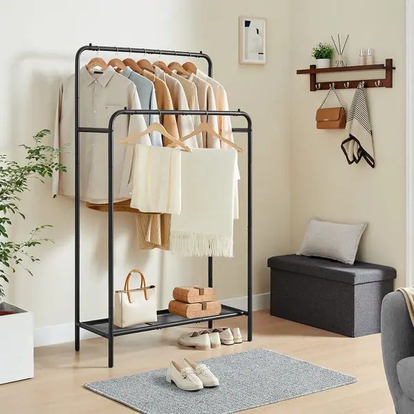 Mazazu Mira Home - Kledingrek Met 2 Stangen - Garderoberek - Kledingrek Dubbel - Schoenenrek - Zwart - 94.8x40x169.8 thumbnail