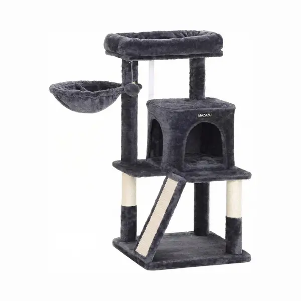 Mazazu Design Krabpaal Compact - Met Ergonomische Loopbrug - Luxe Pluche & Sisal - Industrieel Kattenmeubel Donkergrijs - 48x48x96 thumbnail