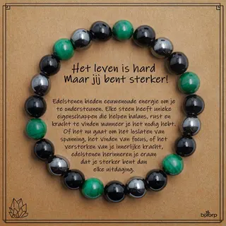 Bixorp Malachiet + Onyx + Hematiet Armband Op Cadeau Kaartje - Het Leven Is Hard, Maar Jij Bent Sterker! - 8mm / 20cm Edelsteen Kralenarmband -
