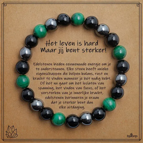 Bixorp Malachiet + Onyx + Hematiet Armband Op Cadeau Kaartje - Het Leven Is Hard, Maar Jij Bent Sterker! - 8mm / 20cm Edelsteen Kralenarmband - thumbnail