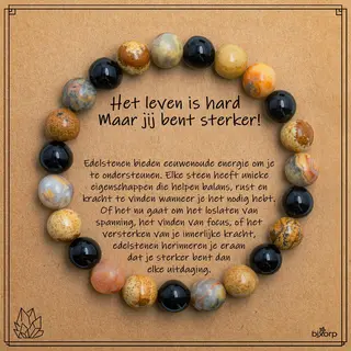 Bixorp Landschap Jaspis + Crazy Lace Agaat + Onyx Armband Op Cadeau Kaartje - Het Leven Is Hard, Maar Jij Bent Sterker! - 8mm / 18cm Edelsteen