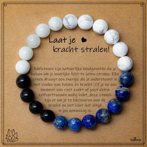 Bixorp Lapis Lazuli + Onyx + Howliet + Aquamarijn Armband Op Cadeau Kaartje - Laat Je Kracht Stralen - 8mm / 18cm Edelsteen Kralenarmband - Inclusief thumbnail