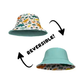 Bucket Hat - Vissershoedje - Hoedje - Kinderen - Dino - Dinosaurus - Reversible - 4 T/m 7 Jaar - 52 Cm - Wit - Turquoise