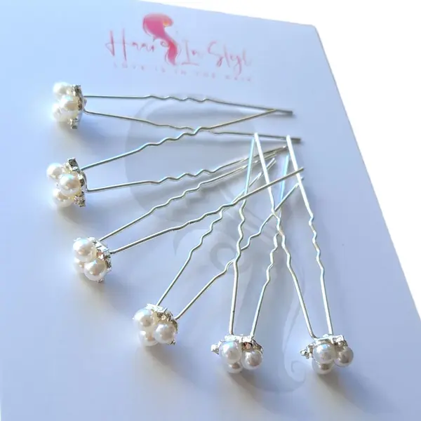 Haar In Stijl® Lulu Serie - Set Van 6 Parel 3-bloem Haarpinnen Zilver - Haaraccessoires Voor Feest Bruiloft Verloving Bruidsmode thumbnail