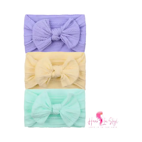Haar In Stijl® Haarband Heidi 3 Pack - Brede En Zachte Baby Haarband Met Een Strik - Lichtgeel Lichtgroen Lichtpaars thumbnail
