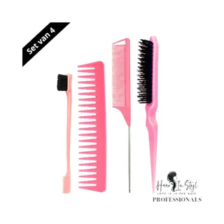 Haar In Stijl® Professionals | Roze Kammen Set Van 4 | Edge Brush Toupeerborstel Puntkam Wide Detangle Comb | Wijde Kam Kammenset Kamset Kappers