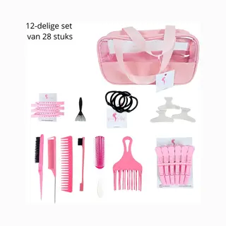 Haar In Stijl® | 28-delig Roze Toilettas Met Haartools | Kammen, Borstels En Haarklemmen | Haaraccessoires | Vlinderclip Schoonmaakborstel Afro Kam