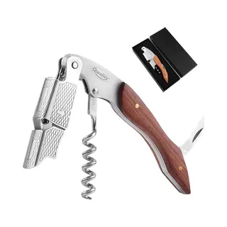 Qwality Luxe Wijnopener – Kurkentrekker - Kelnersmes – Wijn Opener - Flesopener - Rvs Met Houten Handvat – 2-staps Hefboommechanisme – Cadeau Voor Hem