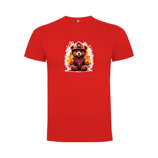 Rood T-Shirt Met “Kleurrijke Brandweer TeddyBeer “ Print Full Color Maat Xl