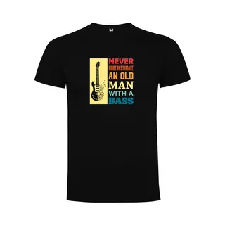 Zwart T-Shirt Met Kleurrijke Print “ Never Underestimate An Old Man With A Bass Guitar – Muziek - Gitaar – Good Vibes “ Print Full Color Maat