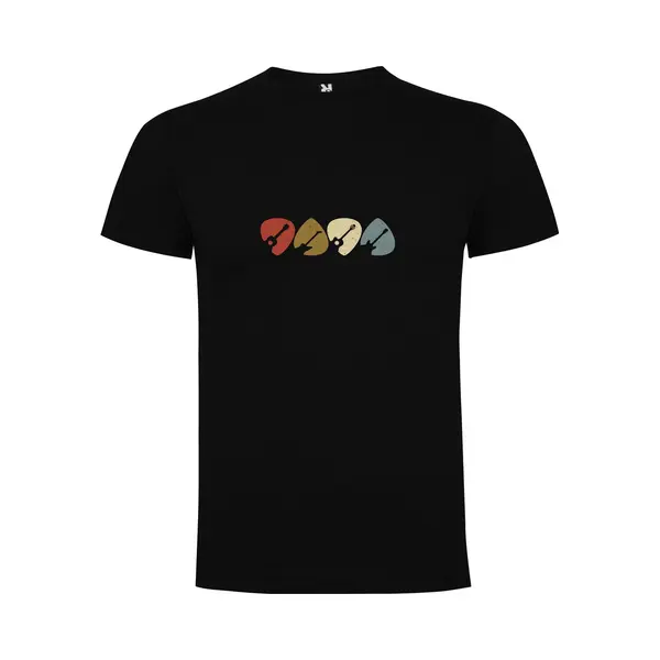 Zwart T-Shirt Met Kleurrijke Print “ Gitaren – Plectrum – Muziek – Good Vibes “ Print Full Color Maat S thumbnail