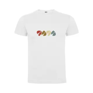 Wit T-Shirt Met Kleurrijke Print “ Gitaren – Plectrum – Muziek – Good Vibes “ Print Full Color Maat Xl