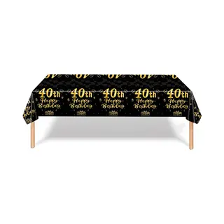 Q2P Tafelkleed 40 Jaar Verjaardag Versiering Tafelloper Plastic Tafelzeil Zwart Goud Feest Tafellaken Xl Formaat 137*274cm