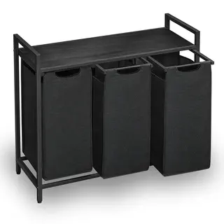 Goliving Wassorteerder – Wasmand Met 3 Vakken – Wasbox – Oxfort Textiel/Metaal/Hout – 3 X 38 Liter – 33 X 92.5 X 71 Cm – Zwart