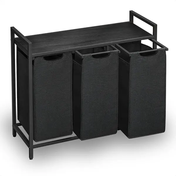 Goliving Wassorteerder – Wasmand Met 3 Vakken – Wasbox – Oxfort Textiel/Metaal/Hout – 3 X 38 Liter – 33 X 92.5 X 71 Cm – Zwart thumbnail