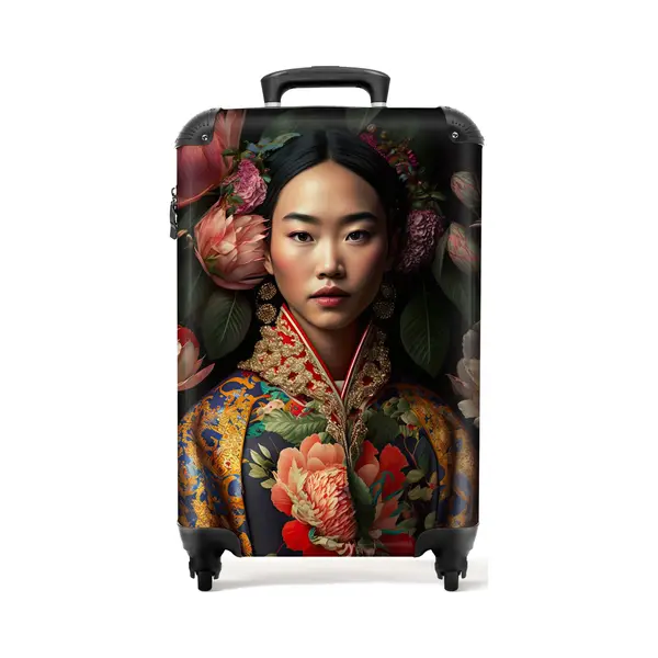 NoBoringSuitcases.com® - Handbagage Koffer Lichtgewicht - Reiskoffer Trolley - Vrouw - Asian - Kimono - Bloemen - Portret - Reis Rolkoffer Met thumbnail