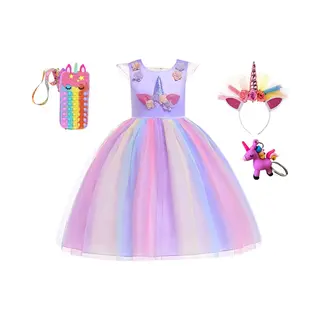 Unicorn Jurk - Prinsessenjurk Meisje - Fidget Toys - Paarse Jurk - Eenhoorn - Haarband - Het Betere Merk - Maat 134/140 - Verkleedkleren Meisje - 3D