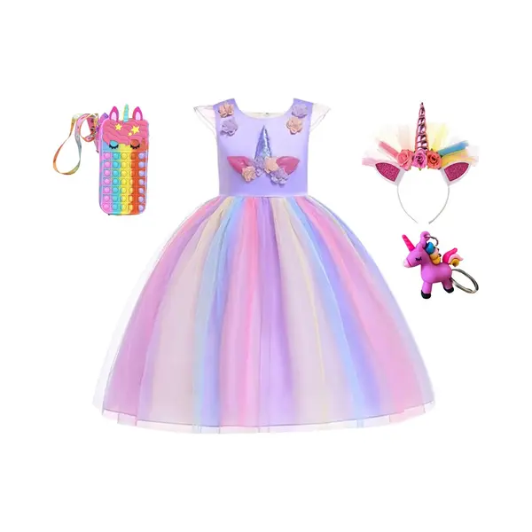 Unicorn Jurk - Prinsessenjurk Meisje - Fidget Toys - Paarse Jurk - Eenhoorn - Haarband - Het Betere Merk - Maat 134/140 - Verkleedkleren Meisje - 3D thumbnail