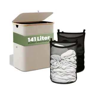 Nince Wasmand - 2 Vakken - 141L - Met Deksel - Wassorteerder - Uitneembare Waszakken - Bamboe - Opvouwbaar - Beige