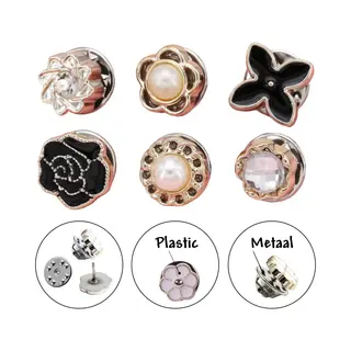 Fako Bijoux - Pin Broche Mini - Steek Pin Knopen Set - 6 Mini Broches - 8-12mm - Silver, Gold, Black, Shiny & Pearl - 6 Stuks - Zilver, Goud & Zwart -