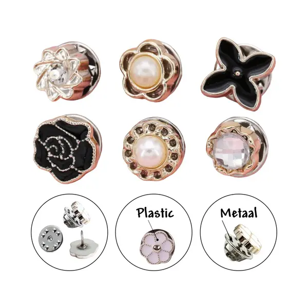Fako Bijoux - Pin Broche Mini - Steek Pin Knopen Set - 6 Mini Broches - 8-12mm - Silver, Gold, Black, Shiny & Pearl - 6 Stuks - Zilver, Goud & Zwart - thumbnail
