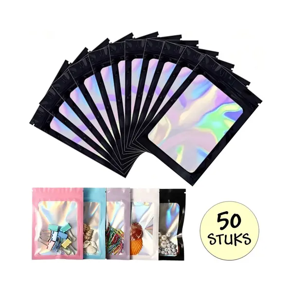Fako Bijoux 50 Zwarte Holografische Folie Zip Lock Zakjes - Hersluitbare Mylar Zakken - 7x10cm - Uitdeelzakjes - Transparant - Snoepzakjes - Cadeauzakjes - 50 thumbnail